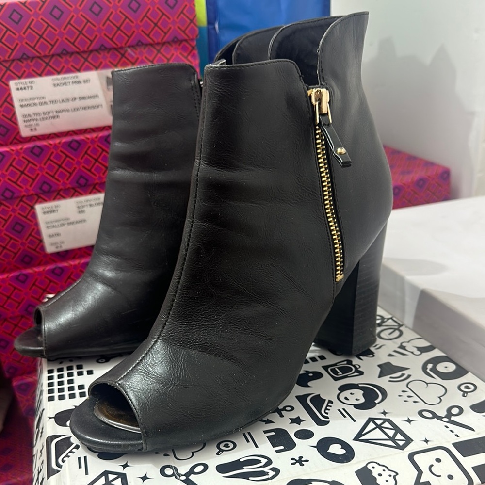 BAMBOO Black and Gold Ankle Booties with Peep-Toe